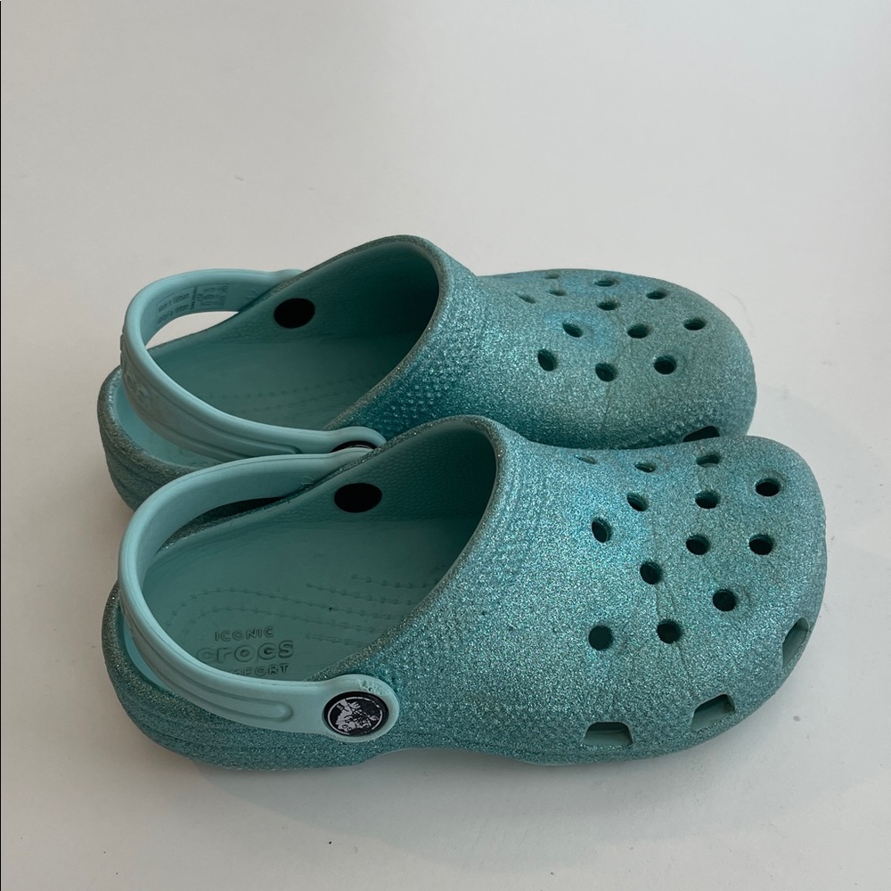 Crocs Kids Glitter Aqua Teal Shoes - Picture 2 of 5